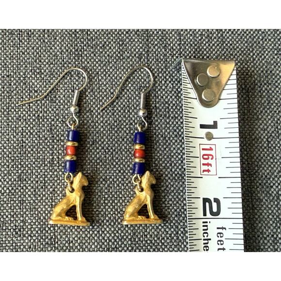 Egyptian Revival Cat Lover Bastet Dangle Pierced Earrings Pewter Carnelian Beads - Picture 3 of 11